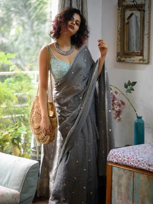 BRYNBRIT Embellished Handloom Cotton Blend Saree(Grey)