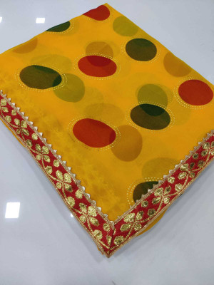 Grubstaker Printed Bandhani Georgette Saree(Yellow)