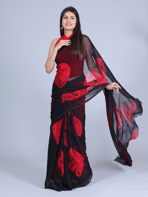 HouseOfCommon Color Block Leheria Chiffon Saree(Black, Red)