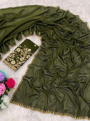 SHIV FASHION Solid/Plain Bollywood Chiffon Saree(Light Green)