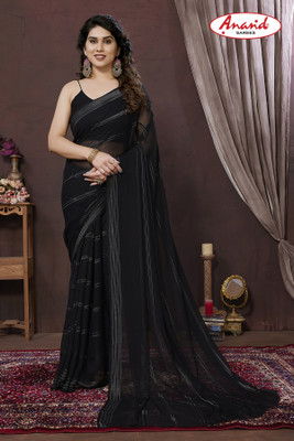 Anand Sarees Embellished, Striped, Self Design Bollywood Satin Saree(Black)