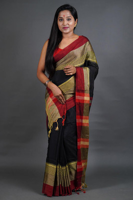 Lakshmi Boutique Self Design Handloom Cotton Blend Saree(Black, Maroon, Light Green)