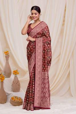 Dharmata Enterprise Digital Print, Printed Banarasi Crepe Saree(Maroon)