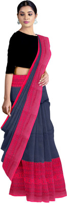 PRANATI ENTERPRISE Printed Handloom Linen Saree(Black, Red)