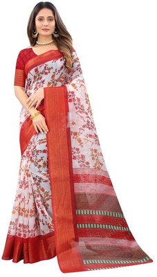 VCREATION Digital Print Bollywood Cotton Linen Saree(Red)
