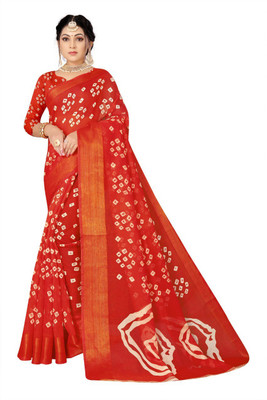SGM Digital Print Bandhani Cotton Blend Saree(Red)
