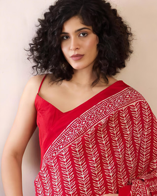 VCREATION Digital Print Bollywood Cotton Linen Saree(Red)