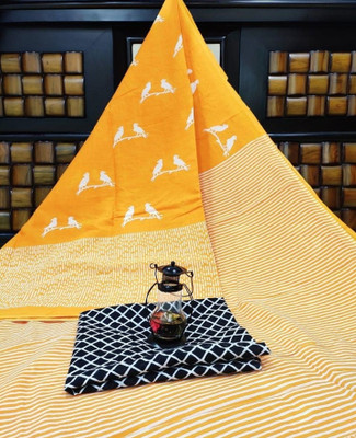 NIKHILAM Printed Daily Wear Pure Cotton Saree(Yellow)