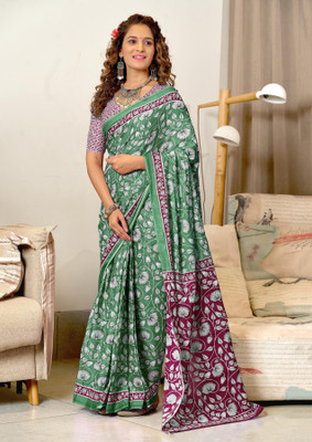 PANZORA Floral Print Daily Wear Cotton Silk Saree(Green)