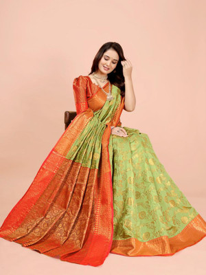 LAVYANSH CREATION Woven Banarasi Art Silk, Jacquard Saree(Light Green, Orange)