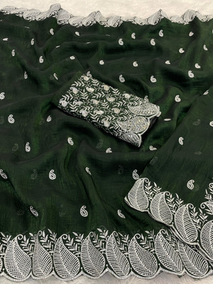 JIVI CLOTHING Solid/Plain Bollywood Chiffon Saree(Dark Green)