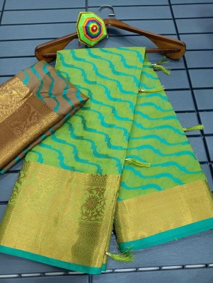 Soham Enterprise Self Design, Embellished, Paisley, Temple Border, Printed, Woven Kanjivaram Linen Saree(Green)