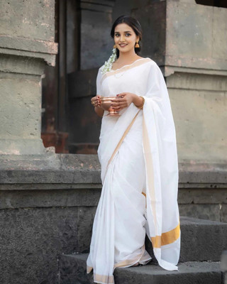 SUDIPTA Solid/Plain Chanderi Chanderi Saree(White)