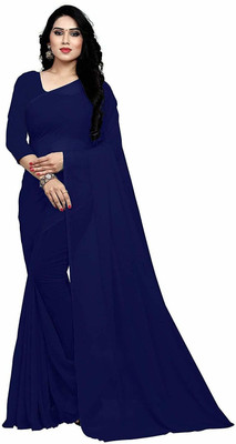 Desi Style Solid/Plain Daily Wear Net, Chiffon Saree(Dark Blue)