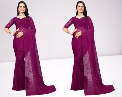 HouseOfCommon Self Design Bollywood Net Saree(Pack of 2, Purple)