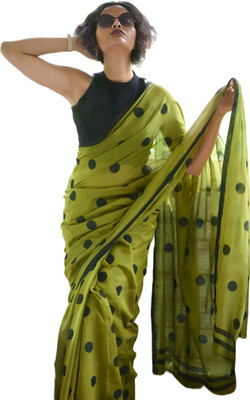 Sidhidata Polka Print Chanderi Cotton Blend Saree(Green)