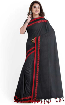 WeaveAura Solid/Plain Handloom Cotton Blend Saree(Black)