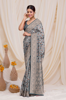 DHARMRAJ ENTERPRISE Printed Banarasi Crepe Saree(Grey)