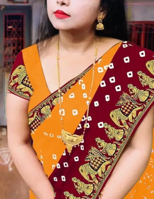 SkyCraftX Self Design, Animal Print Bollywood Crepe, Silk Blend Saree(Yellow, Maroon)