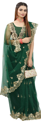 Yashvi Designer Embroidered Bollywood Net Saree(Dark Green)