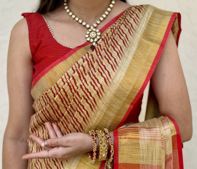GEETABA FASHION Woven Kanjivaram Linen Saree(Beige)