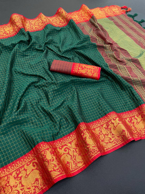 A To Z Cart Checkered Bollywood Jacquard Saree(Green)