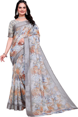 HouseOfCommon Floral Print Bollywood Cotton Linen Saree(Grey)