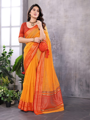 Moda Rapido Polka Print Kota Doria Cotton Blend Saree(Yellow)