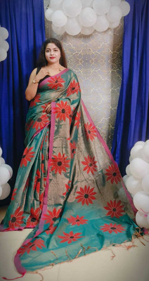 HouseOfCommon Digital Print, Solid/Plain Bollywood Handloom Cotton Silk Saree(Green)