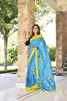 Suraj International Blocked Printed, Checkered, Digital Print, Dyed, Floral Print, Printed, Self Design Daily Wear Pure Cotton Saree(Light Blue)