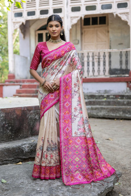 peachpatels Floral Print, Geometric Print Banarasi Tussar Silk Saree(Beige, Multicolor)