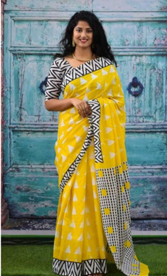 JAIPURI BLOCK PRINT Blocked Printed, Color Block, Dyed, Floral Print, Printed Daily Wear Pure Cotton Saree(Yellow)
