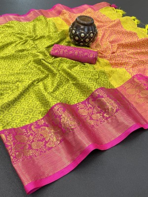 HouseOfCommon Printed Bollywood Jacquard Saree(Yellow, Pink)