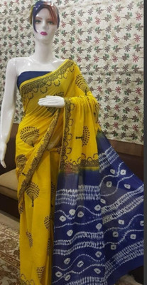 Craftmusium Printed, Color Block, Blocked Printed, Floral Print, Dyed Daily Wear Pure Cotton Saree(Yellow)