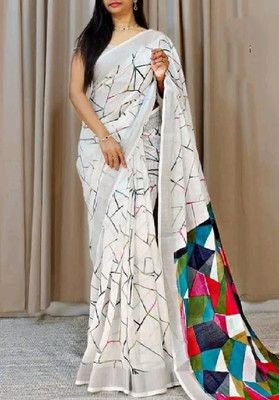 KHANUDI Digital Print Bollywood Handloom Cotton Linen Saree(White)