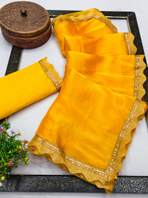 Kanooda Prints Solid/Plain Bollywood Jimmy choo Saree(Yellow)