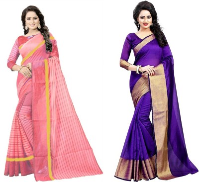 Suali Geometric Print Daily Wear Cotton Silk Saree(Pack of 2, Purple, Pink)