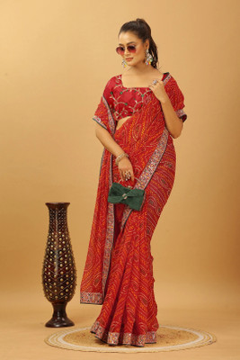 Damru trendz Digital Print Bandhani Georgette Saree(Red)