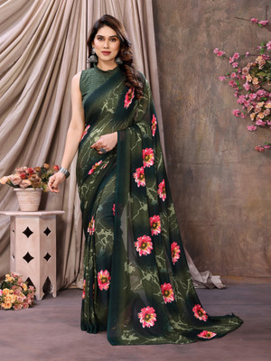 TTH Printed Bollywood Georgette Saree(Green, Dark Green)