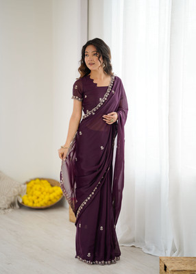 Dgdesigner Embroidered Saree with Attached Blouse Georgette Saree(Purple)
