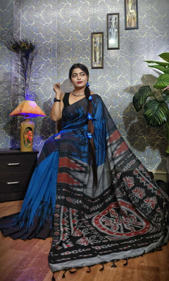 Joyguru Textile Printed Sambalpuri Cotton Blend Saree(Blue)
