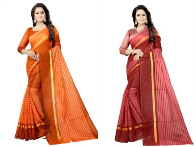 Saadhvi Striped Daily Wear Cotton Silk Saree(Maroon, Orange)