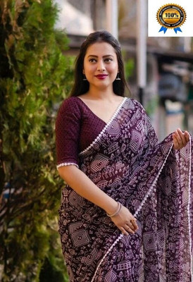 DAZLIO Printed Bollywood Georgette Saree(Purple, White)