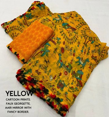 GRIVA Printed, Digital Print, Self Design Bollywood Georgette, Pure Silk Saree(Yellow)