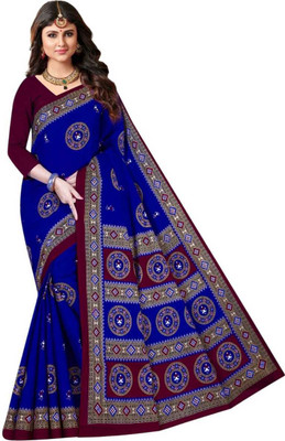 Odissi Fashion Printed Sambalpuri Pure Cotton Saree(Blue, Brown)