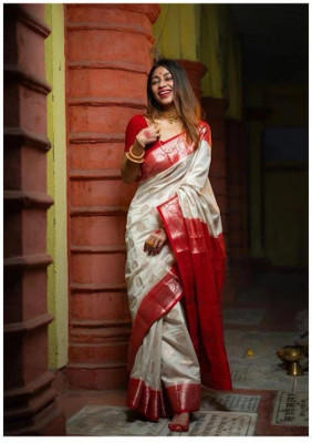 Houseoftrend Woven Banarasi Jacquard Saree(White, Red)