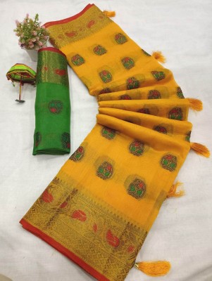 GOGAJI COLLECTION Self Design, Woven, Paisley, Floral Print, Solid/Plain Kanjivaram Cotton Silk, Jacquard Saree(Yellow)