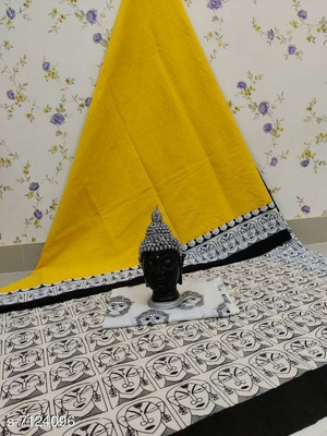 JAIPURI BLOCK PRINT Blocked Printed, Color Block, Dyed, Floral Print, Printed Daily Wear Pure Cotton Saree(Yellow)