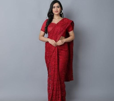 SwiftStyle Floral Print Daily Wear Net Saree(Red)