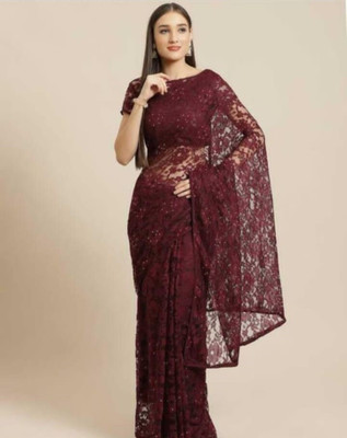 SwiftStyle Solid/Plain Daily Wear Net Saree(Brown)